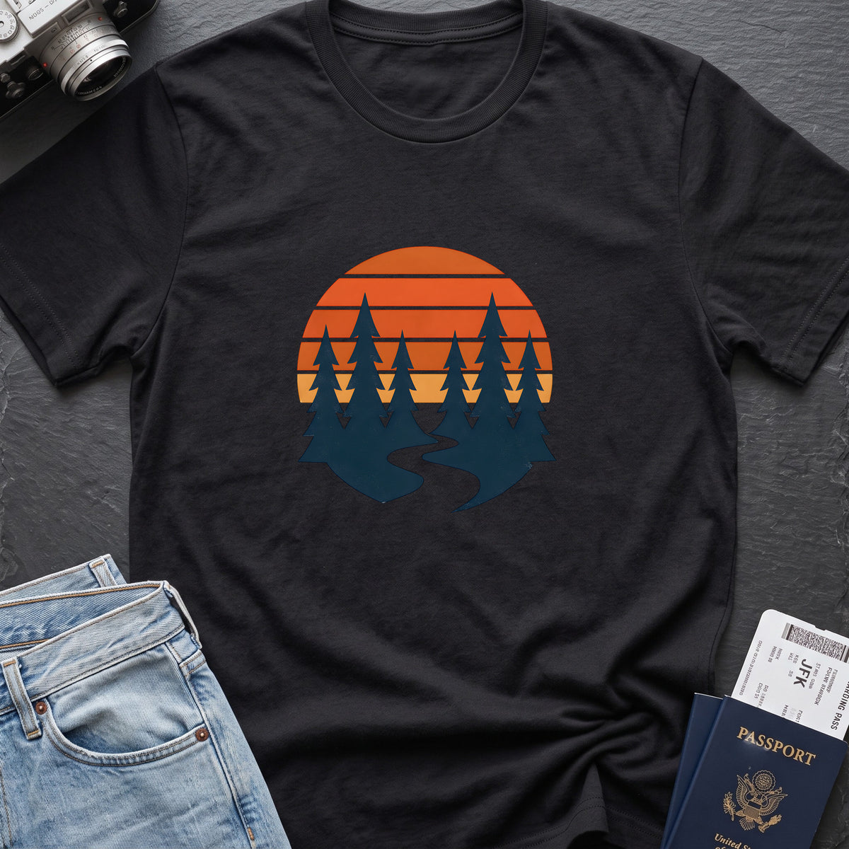 Sunset forest silhouettes T-Shirt in Black, front view.