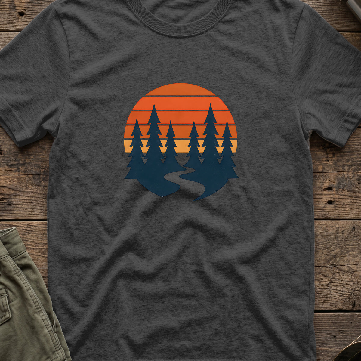 Sunset forest silhouettes T-Shirt in Dark Heather, front view.