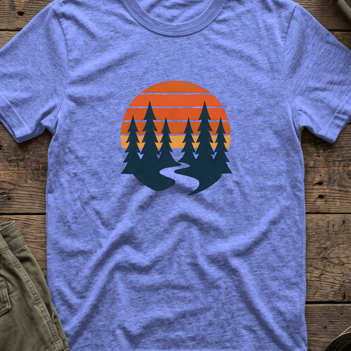 Sunset forest silhouettes T-Shirt in Heather Royal, front view.