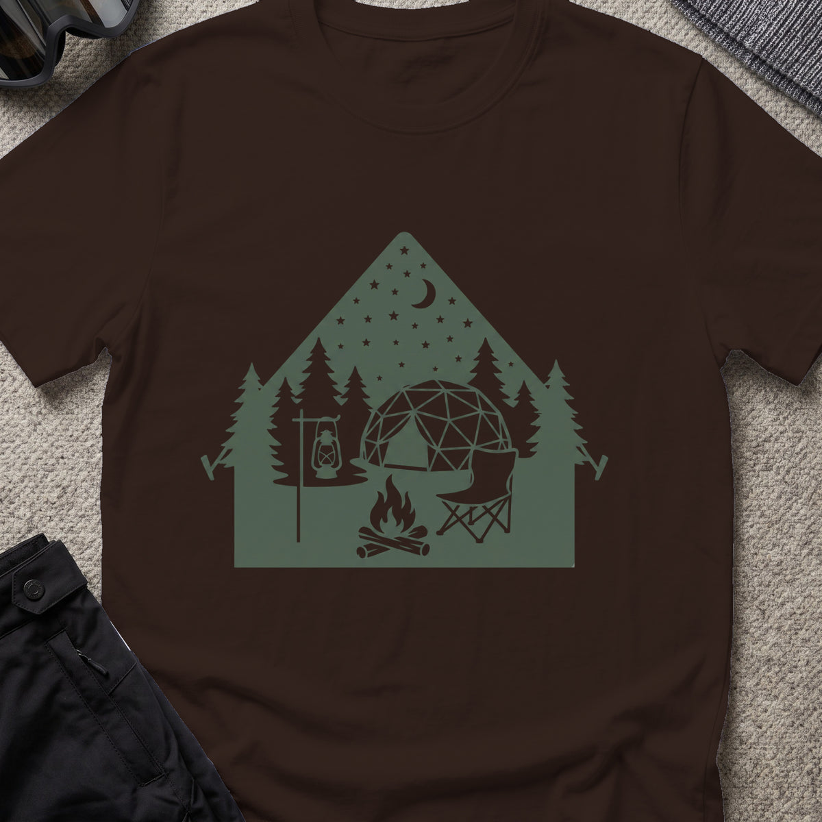 Night Under the Stars Travel T-Shirt in Dark Chocolate, front view.