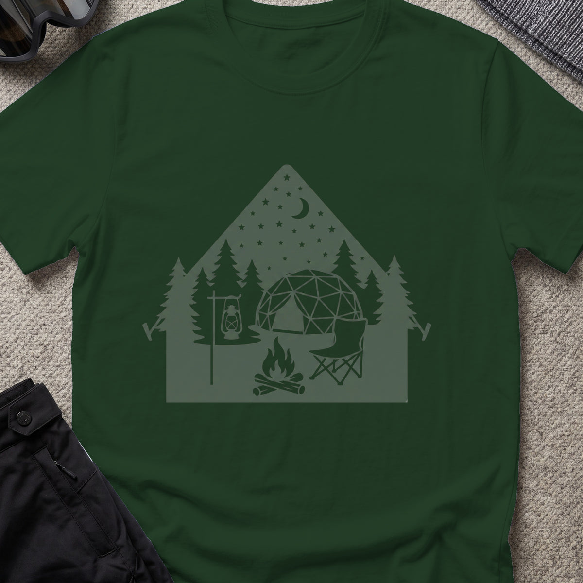 Night Under the Stars Travel T-Shirt in Forest Green, front view.