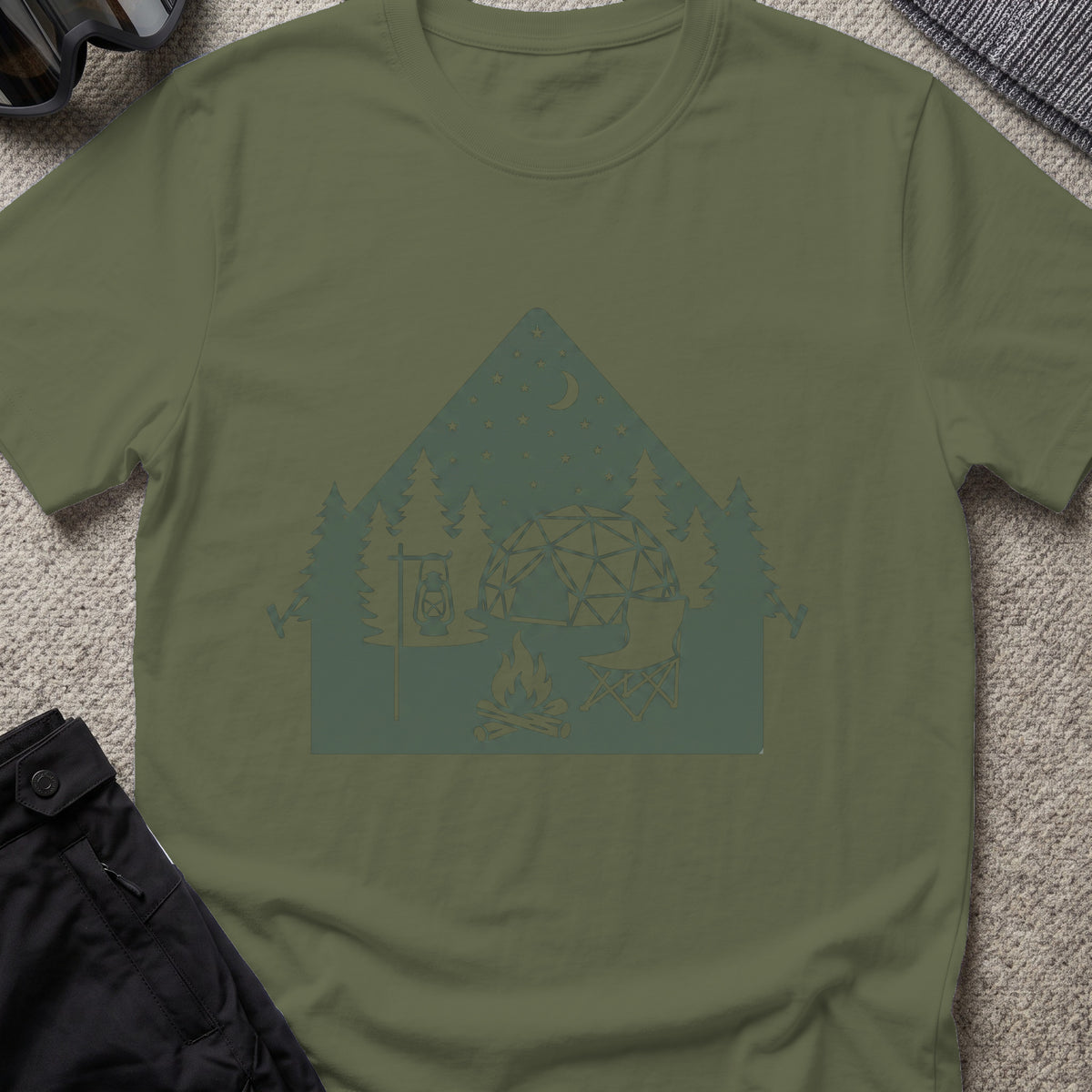 Night Under the Stars Travel T-Shirt in Military Green, front view.