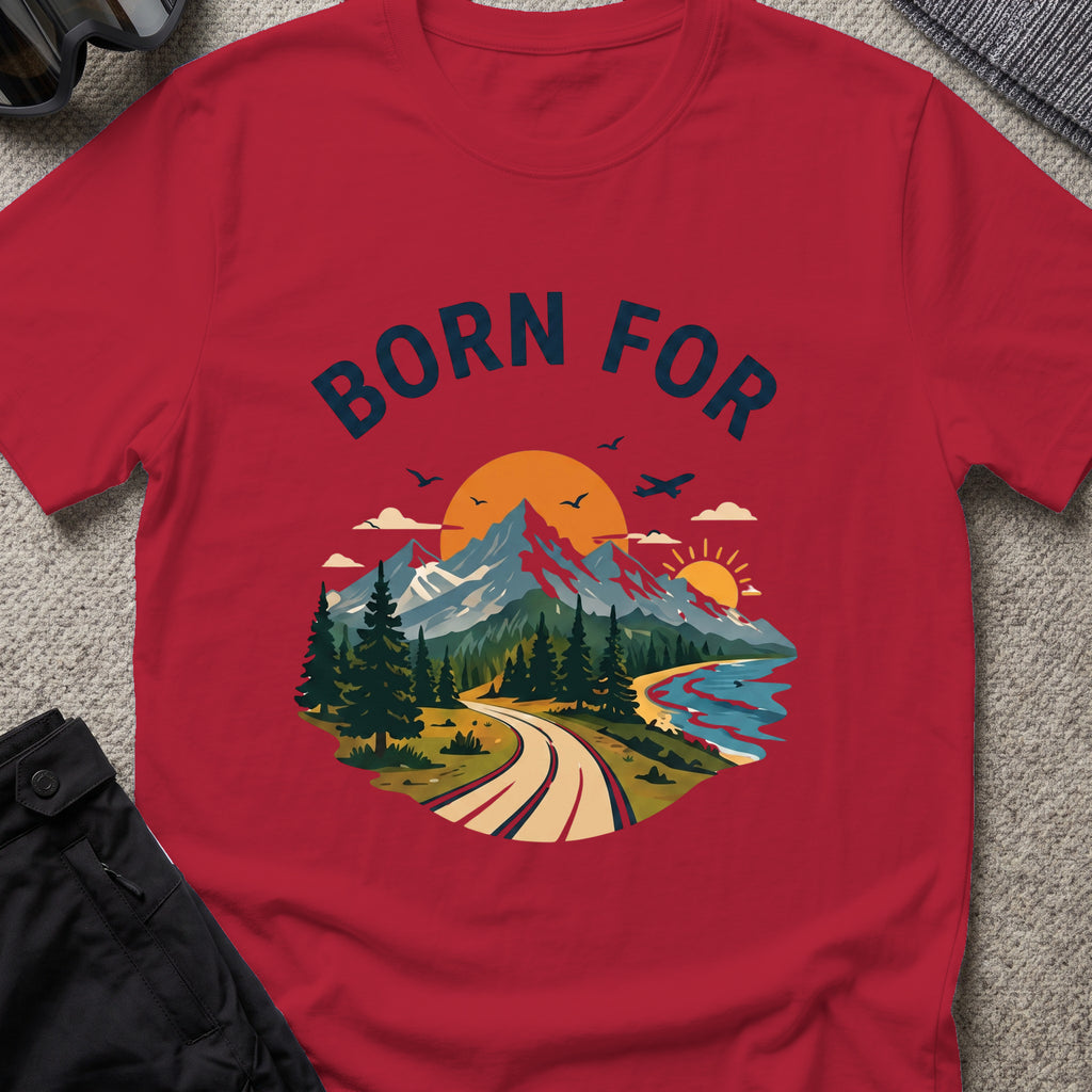 Born For the Outdoors T-Shirt in Antique Cherry Red, front view.