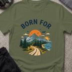 Born For the Outdoors T-Shirt in Military Green, front view.