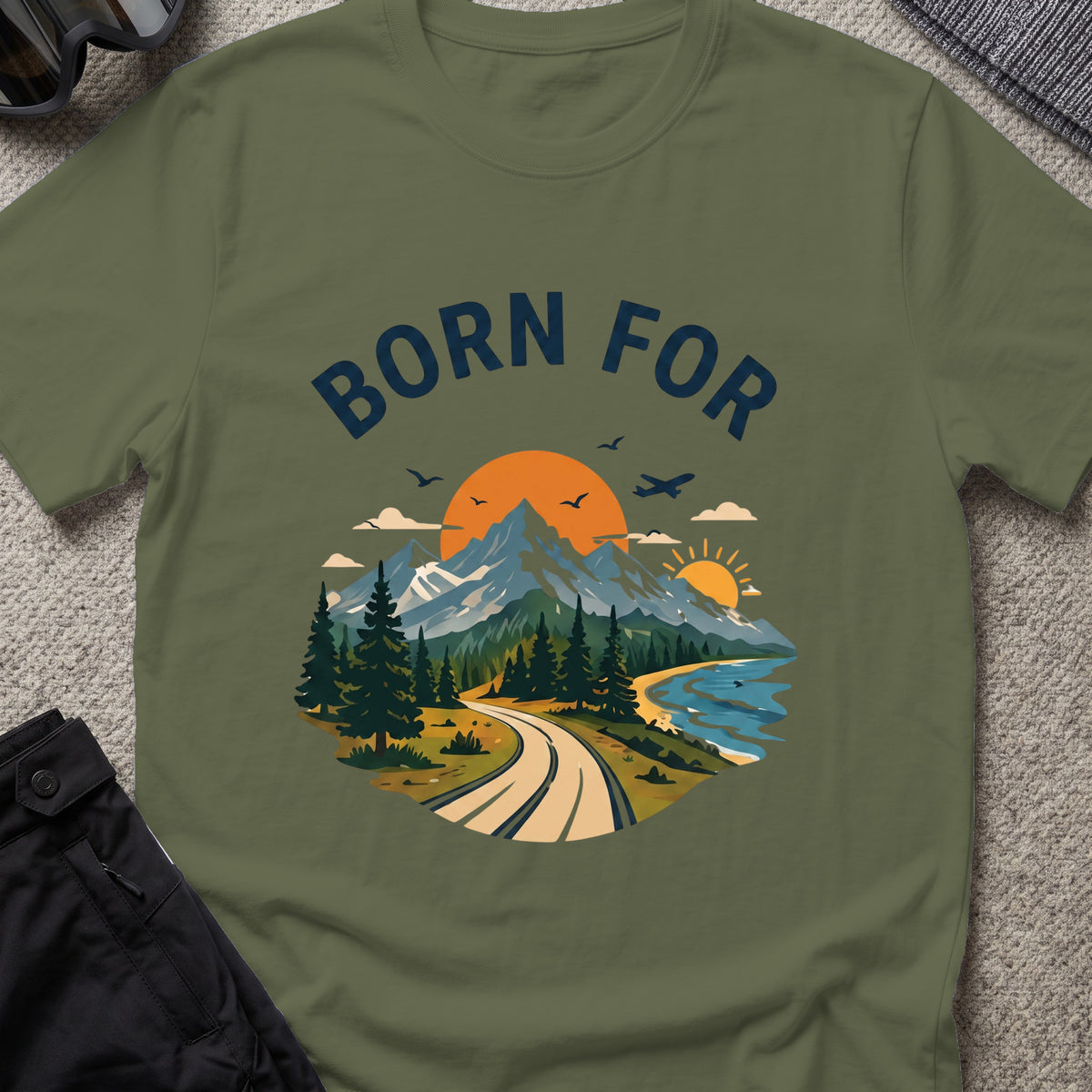 Born For the Outdoors T-Shirt in Military Green, front view.