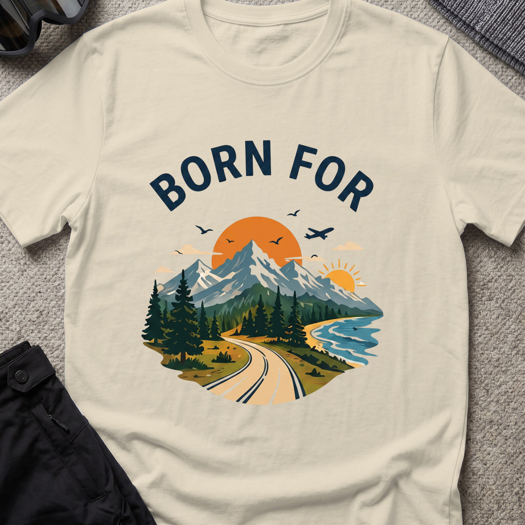 Born For the Outdoors T-Shirt in Sand, front view.