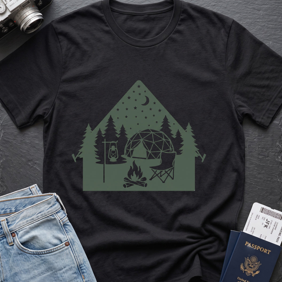 Night Under the Stars Travel T-Shirt in Black, front view.