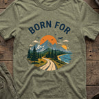 Born For the Outdoors T-Shirt in Heather Military Green, front view.