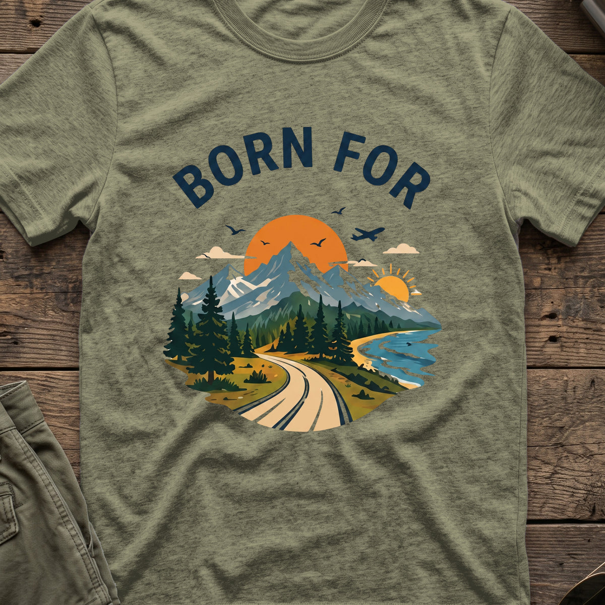 Born For the Outdoors T-Shirt in Heather Military Green, front view.