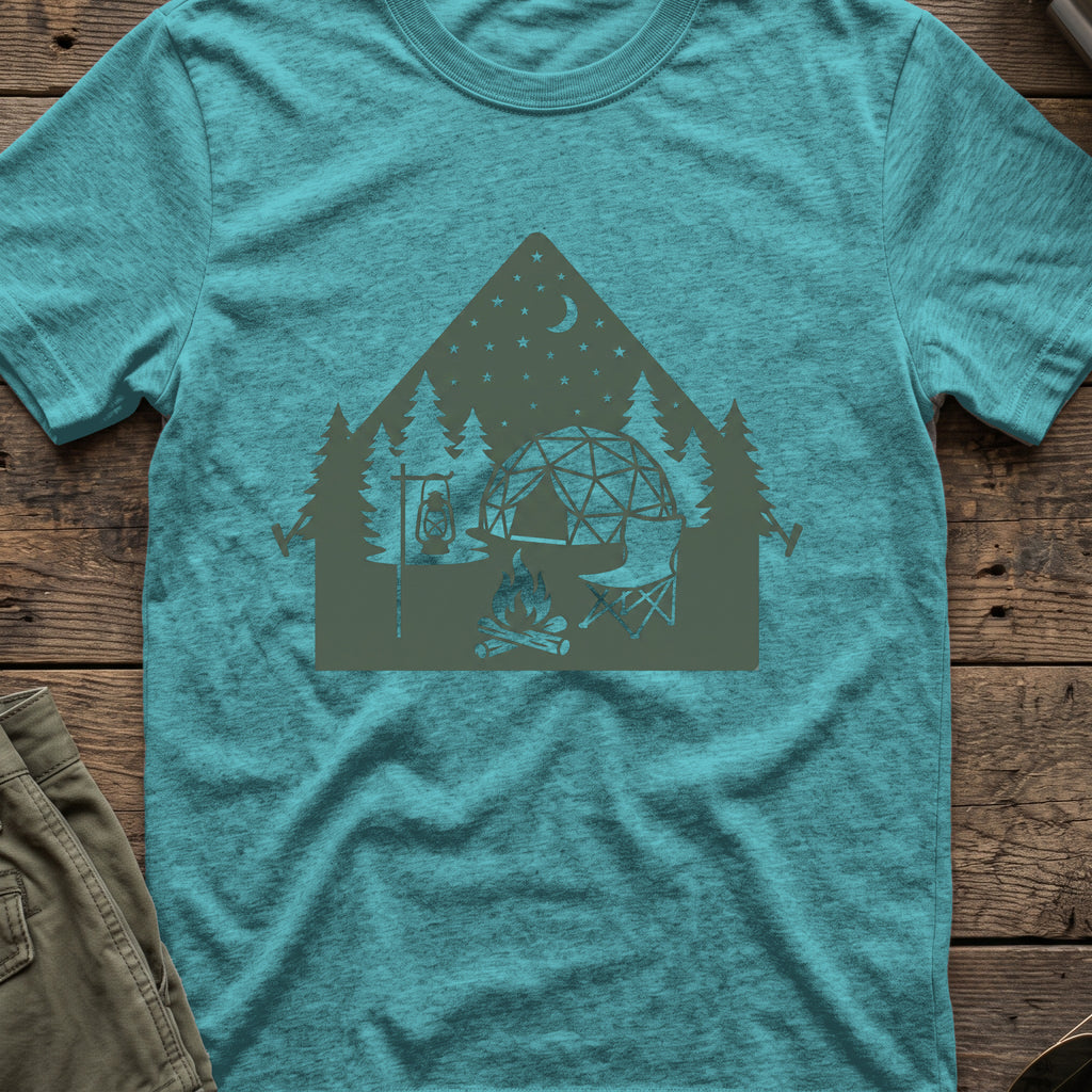 Night Under the Stars Travel T-Shirt in Heather Galapagos Blue, front view.