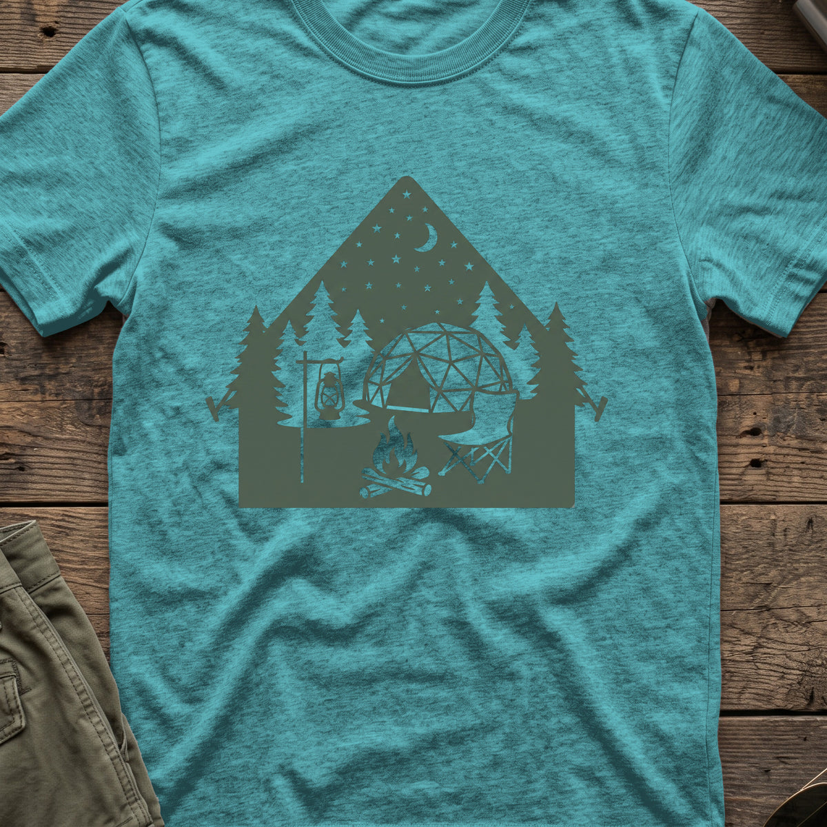 Night Under the Stars Travel T-Shirt in Heather Galapagos Blue, front view.