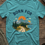 Born For the Outdoors T-Shirt in Heather Galapagos Blue, front view.