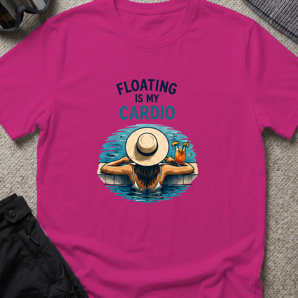 Floating is My Cardio T-Shirt in Antique Heliconia, front view.