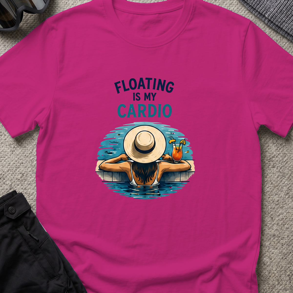 Floating is My Cardio T-Shirt in Antique Heliconia, front view.