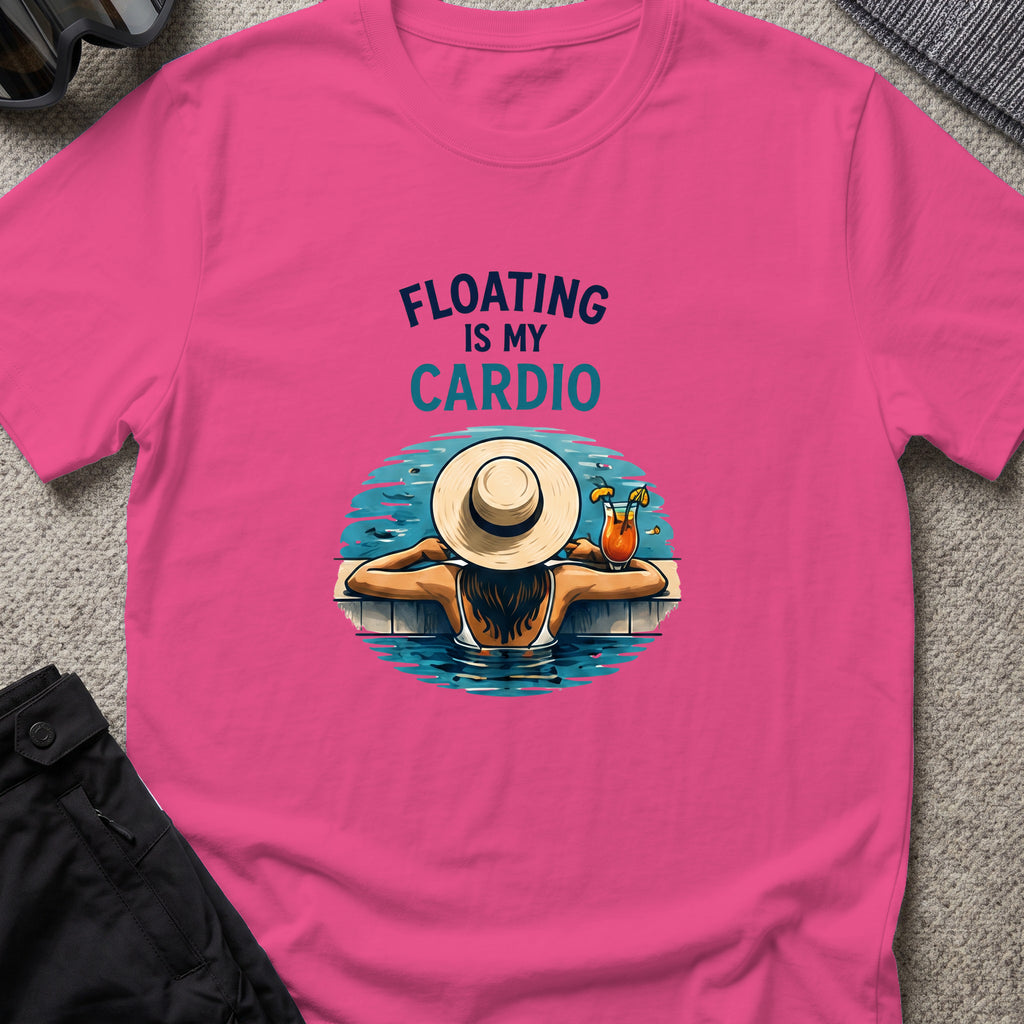Floating is My Cardio T-Shirt in Heliconia, front view.