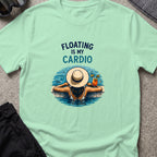 Floating is My Cardio T-Shirt in Mint Green, front view.