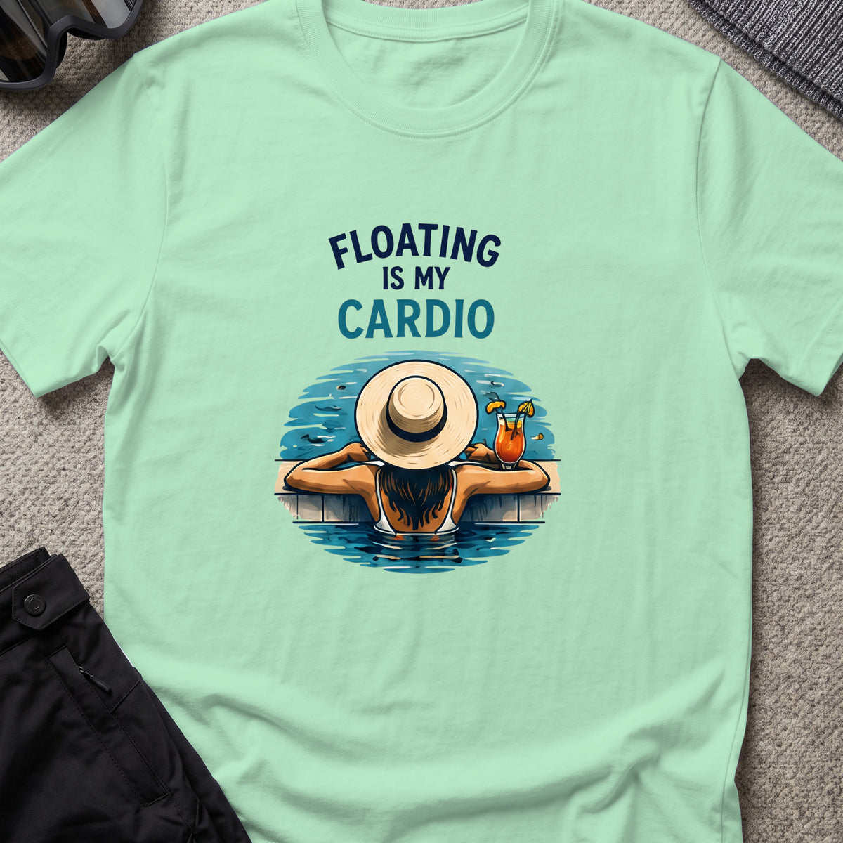 Floating is My Cardio T-Shirt in Mint Green, front view.
