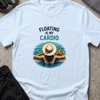 Floating is My Cardio T-Shirt in Light Blue, front view.