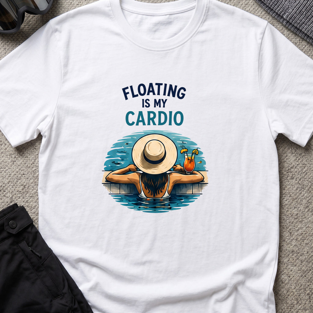 Floating is My Cardio T-Shirt in White, front view.