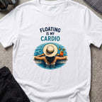 Floating is My Cardio T-Shirt in White, front view.