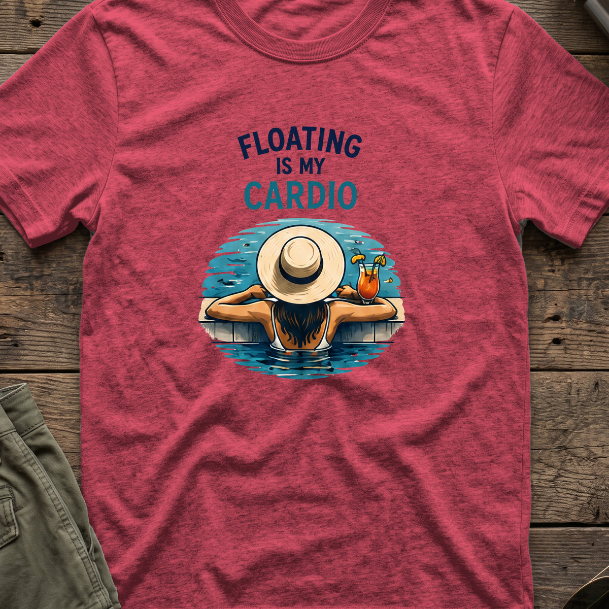 Floating is My Cardio T-Shirt in Heather Cardinal, front view.