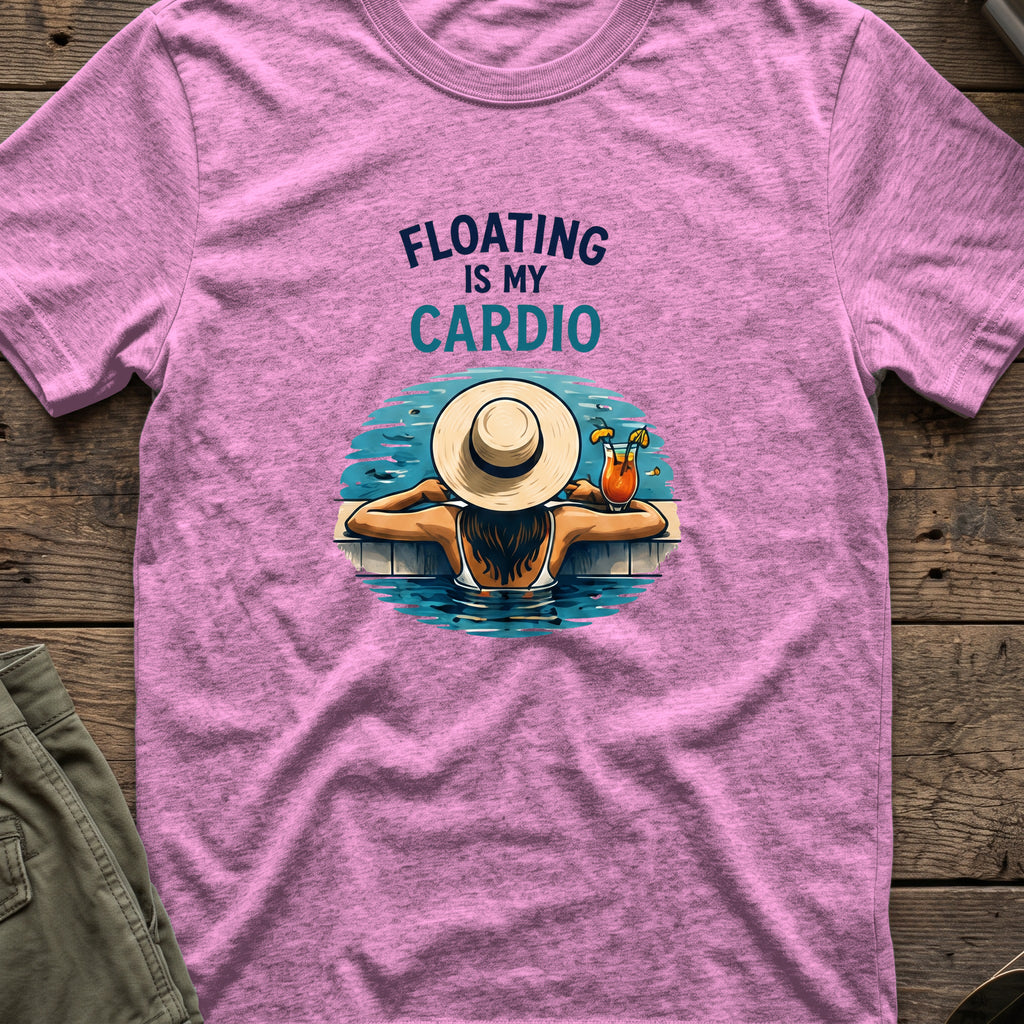 Floating is My Cardio T-Shirt in Heather Radiant Orchid, front view.