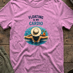 Floating is My Cardio T-Shirt in Heather Radiant Orchid, front view.