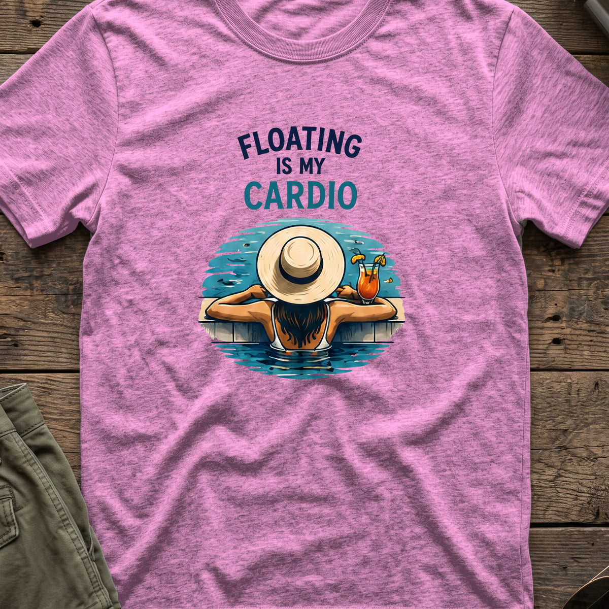 Floating is My Cardio T-Shirt in Heather Radiant Orchid, front view.