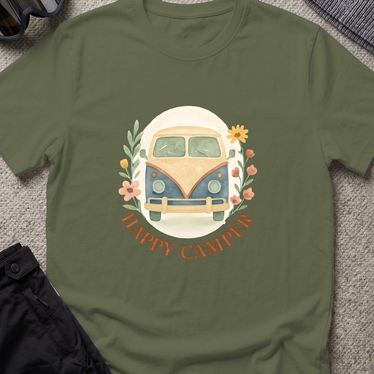 Floral Camper Van T-Shirt in Military Green, front view.
