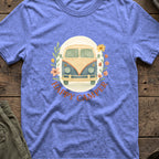 Floral Camper Van T-Shirt in Heather Royal, front view.