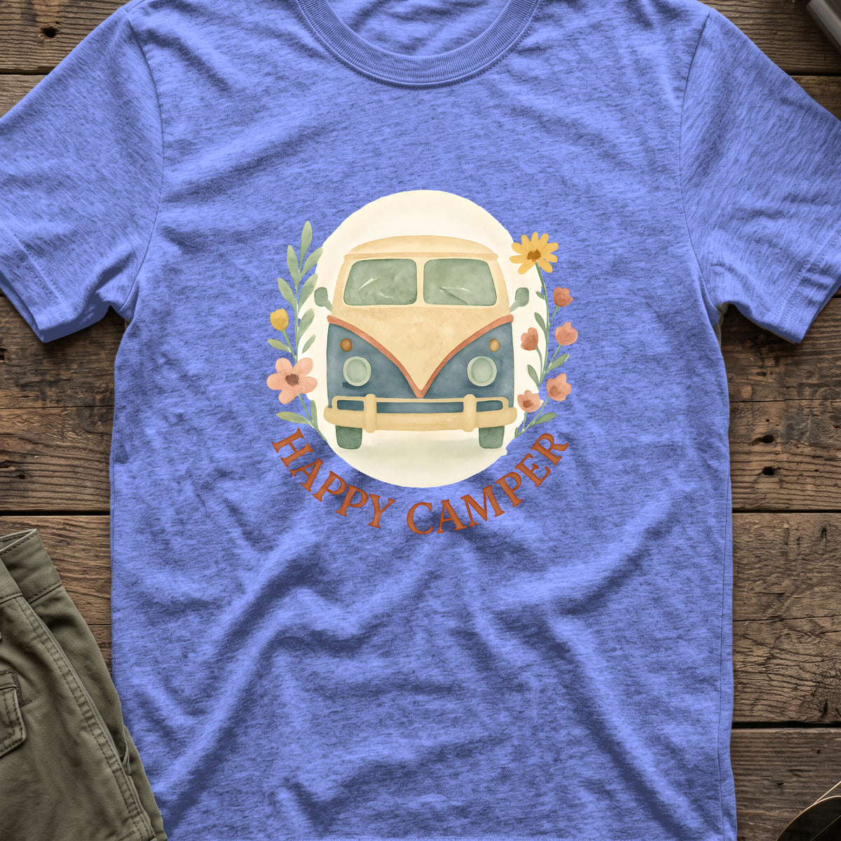 Floral Camper Van T-Shirt in Heather Royal, front view.