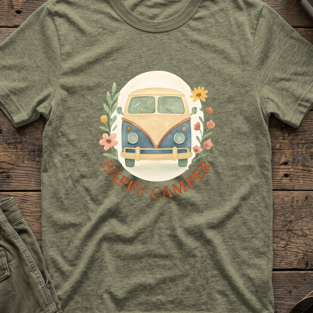 Floral Camper Van T-Shirt in Heather Military Green, front view.