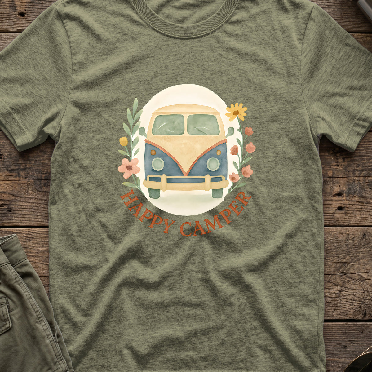 Floral Camper Van T-Shirt in Heather Military Green, front view.