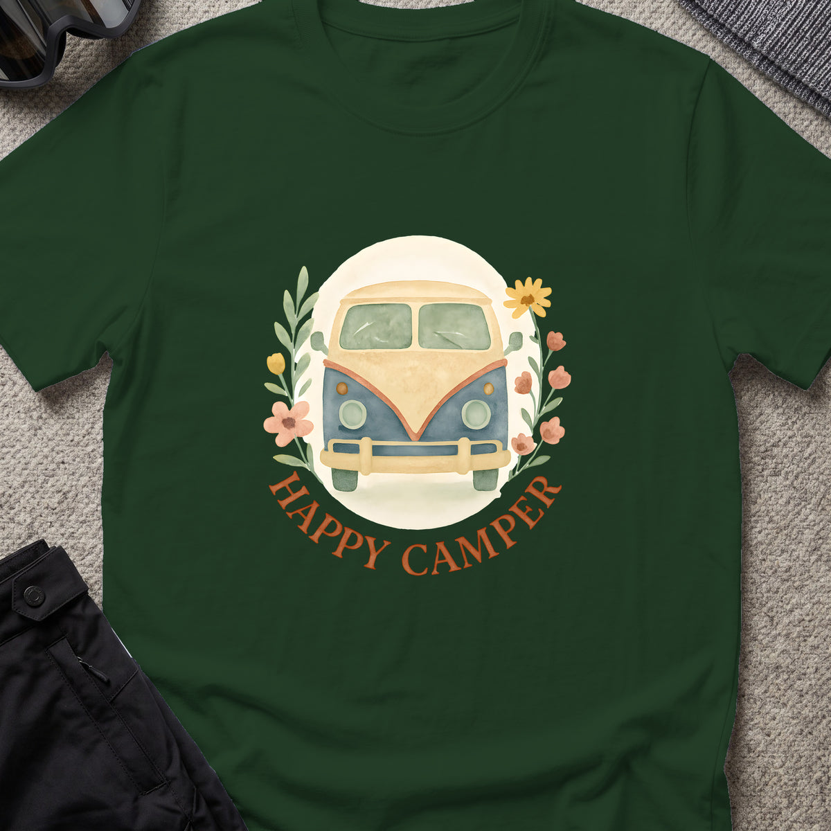 Floral Camper Van T-Shirt in Forest Green, front view.