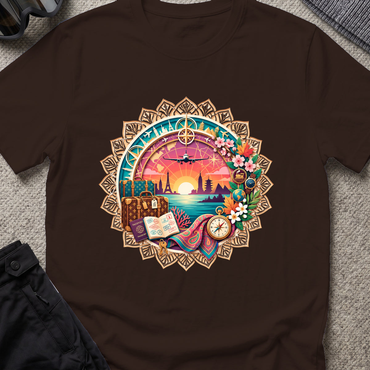 World Travel T-Shirt in Dark Chocolate, front view.