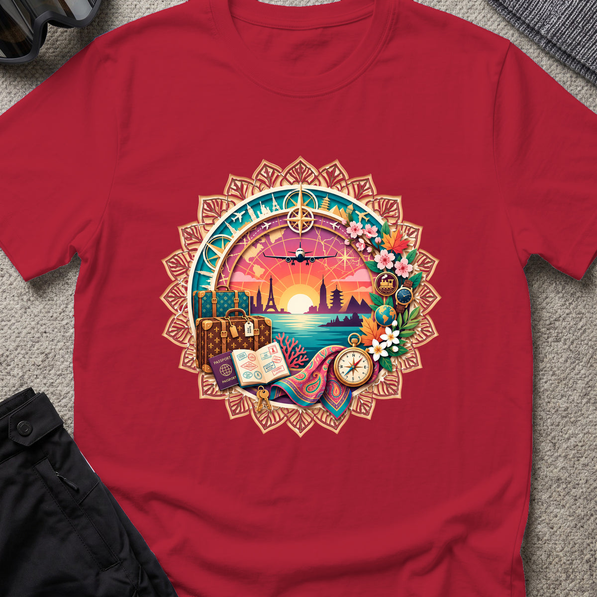 World Travel T-Shirt in Antique Cherry Red, front view.