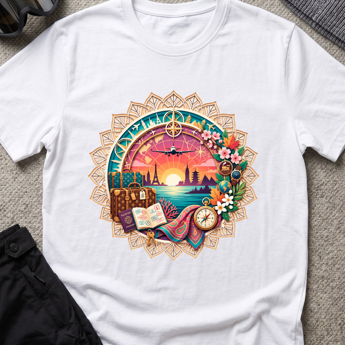 World Travel T-Shirt in White, front view.
