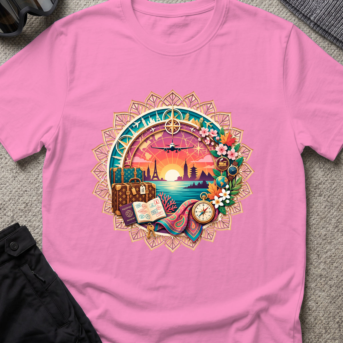World Travel T-Shirt in Azalea, front view.