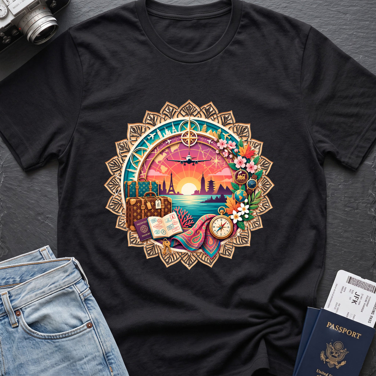 World Travel T-Shirt in Black, front view.