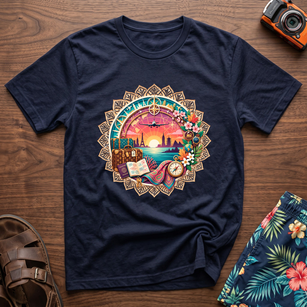 World Travel T-Shirt in Navy, front view.