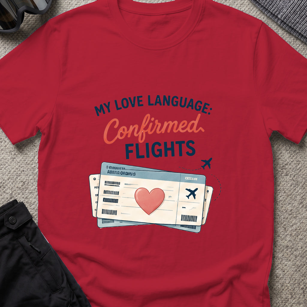 My Love Language is Confirmed Flights T-Shirt in Antique Cherry Red, front view.