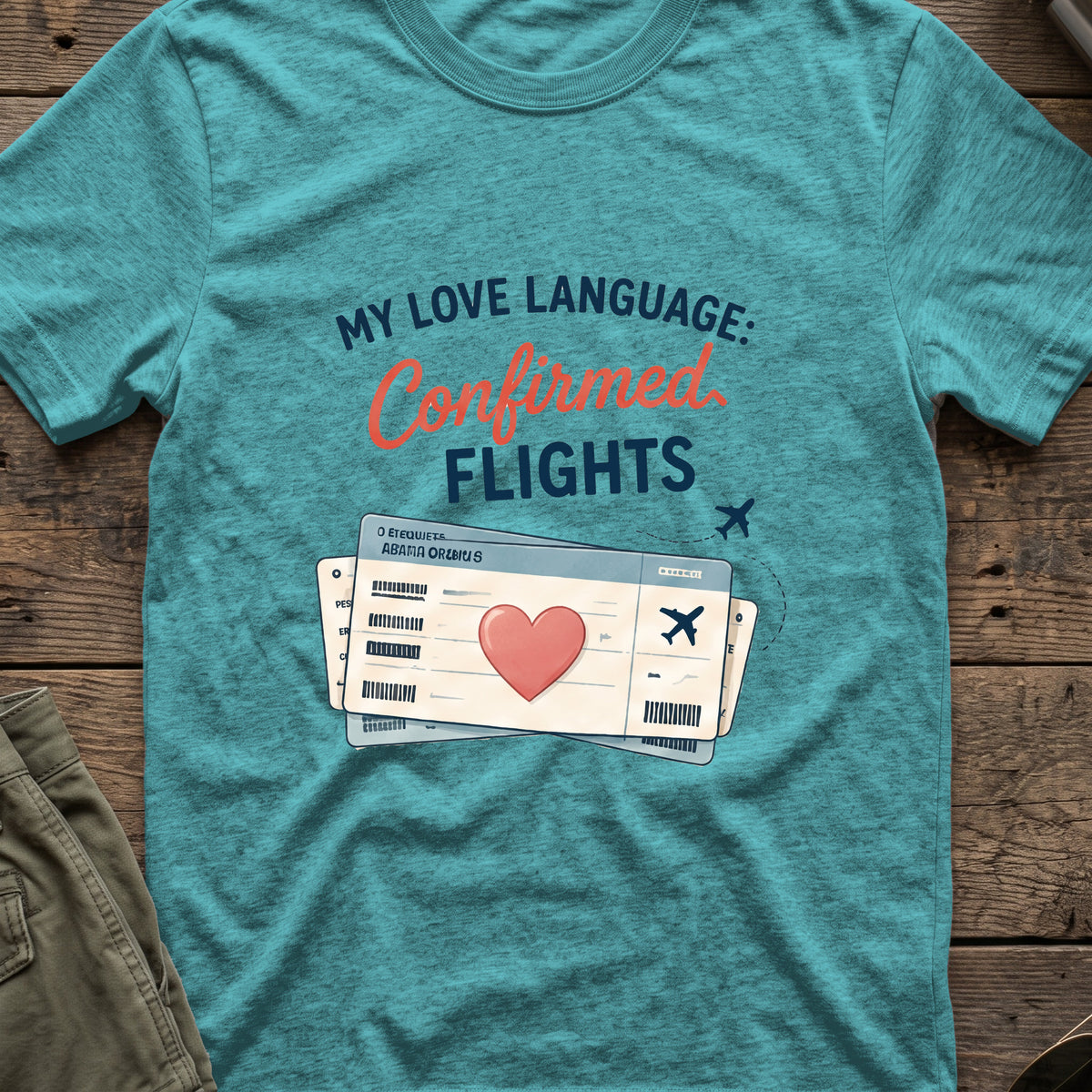 My Love Language is Confirmed Flights T-Shirt in Heather Galapagos Blue, front view.