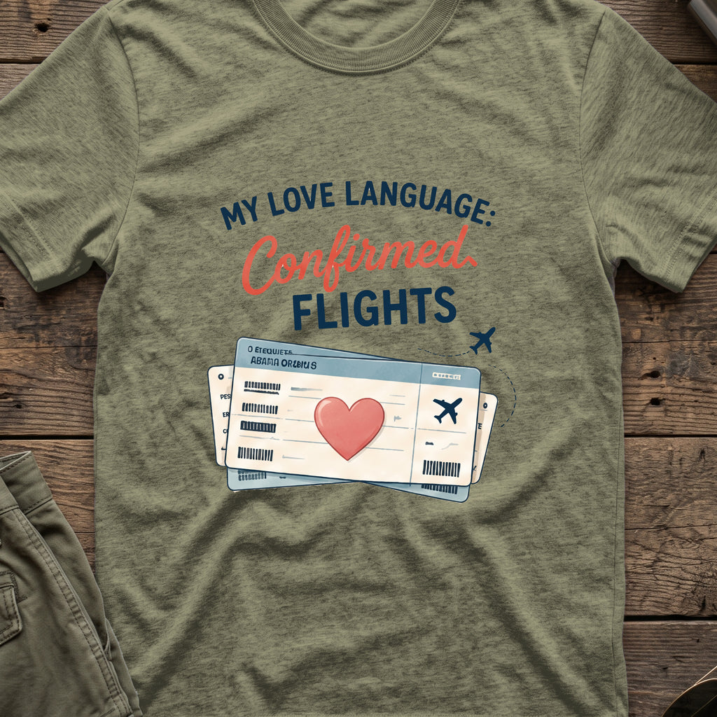 My Love Language is Confirmed Flights T-Shirt in Heather Military Green, front view.
