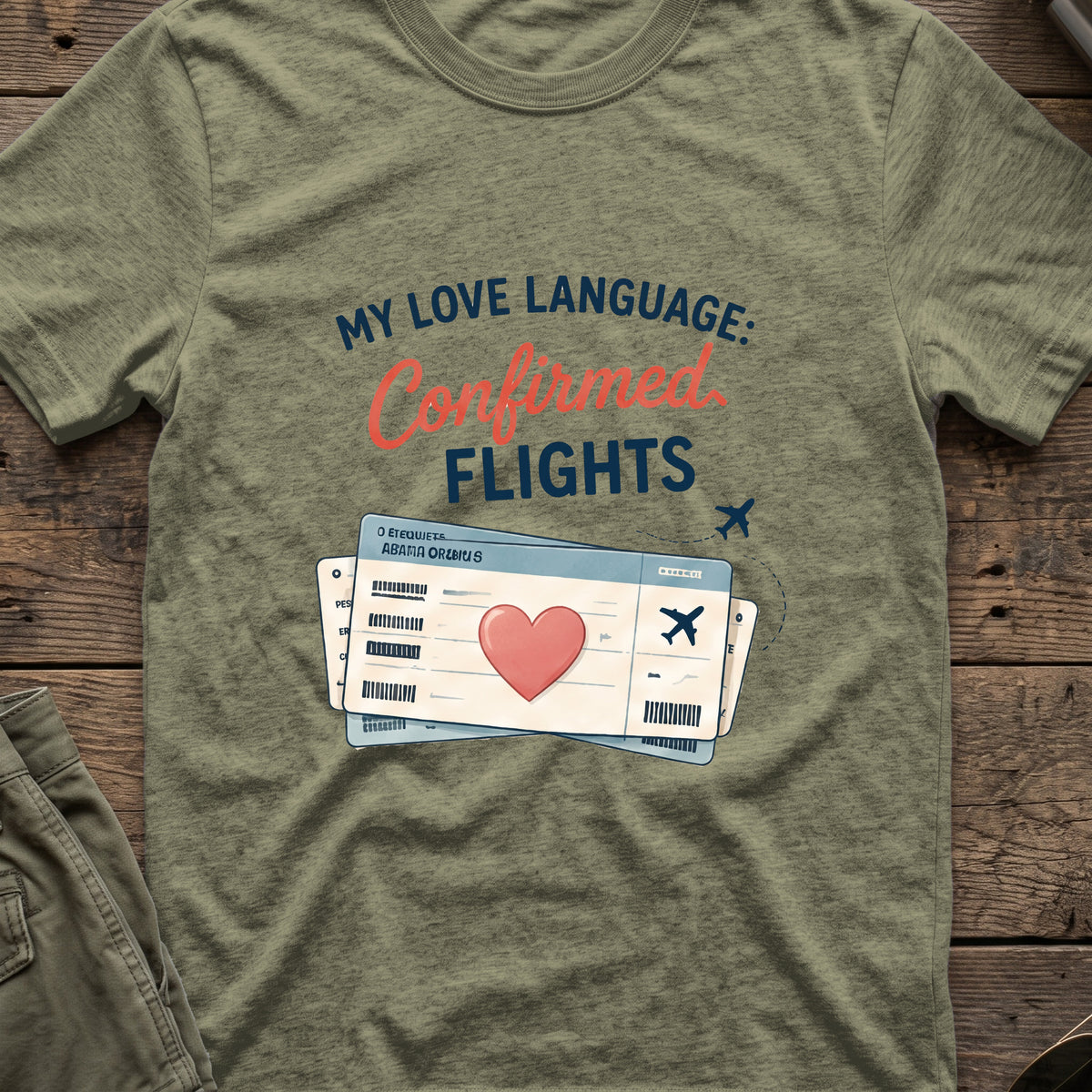 My Love Language is Confirmed Flights T-Shirt in Heather Military Green, front view.