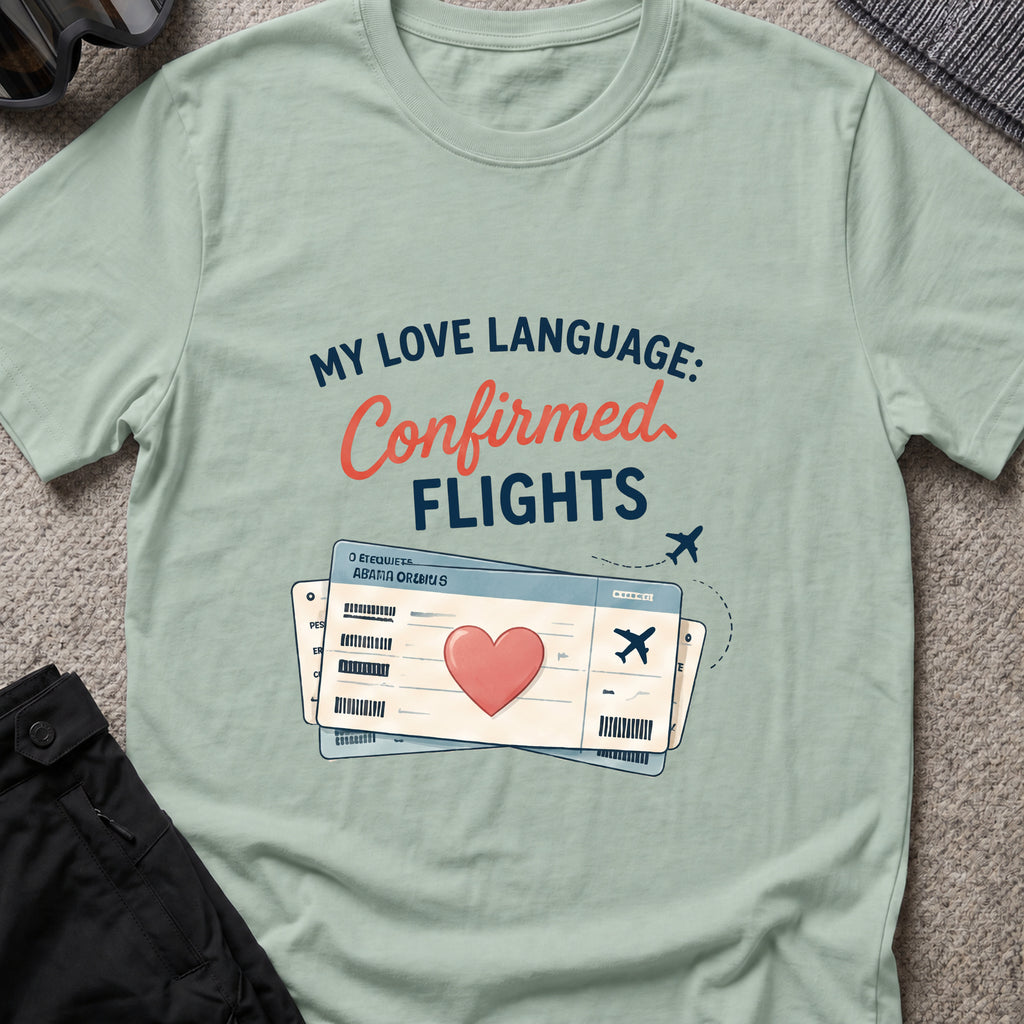 My Love Language is Confirmed Flights T-Shirt in Sage, front view.