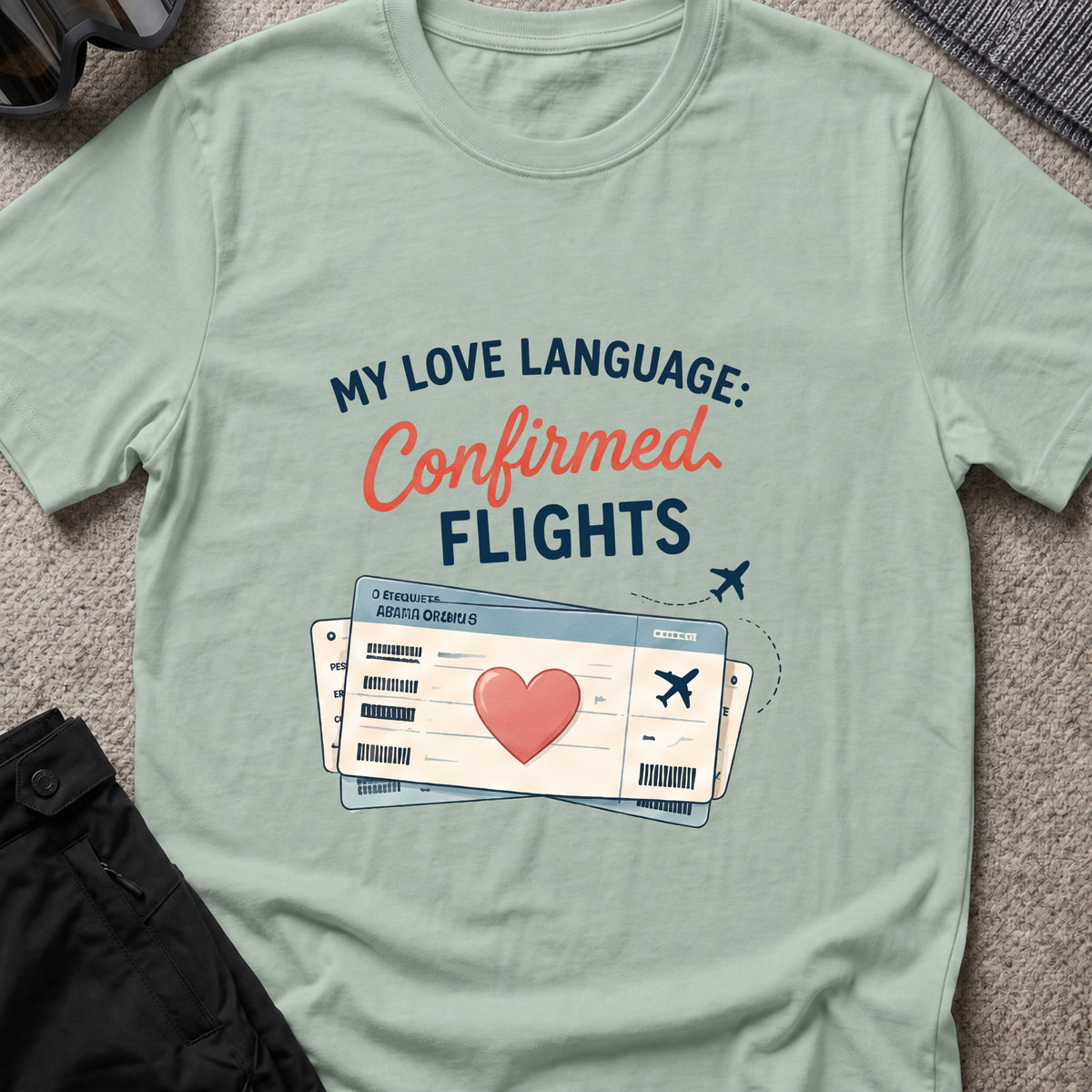 My Love Language is Confirmed Flights T-Shirt in Sage, front view.
