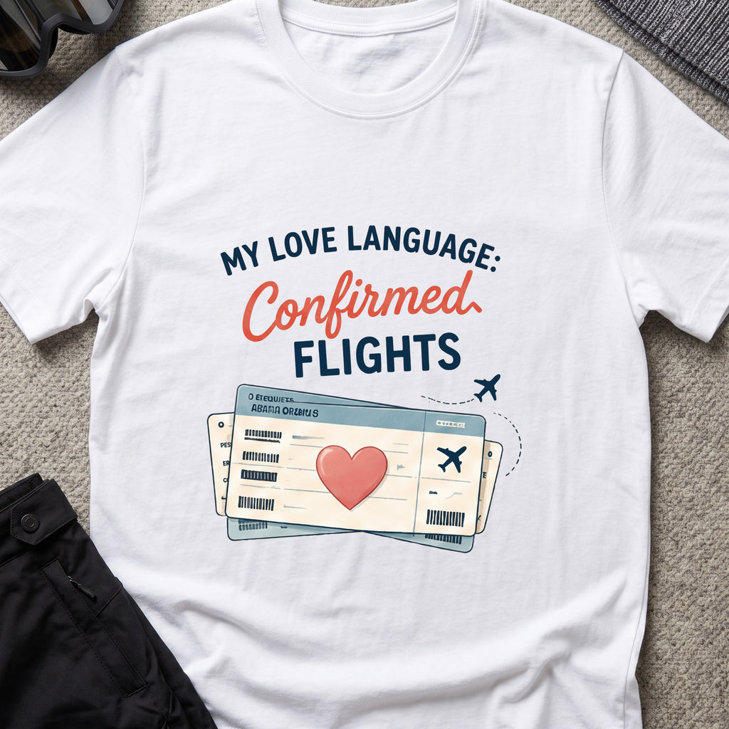 My Love Language is Confirmed Flights T-Shirt in White, front view.