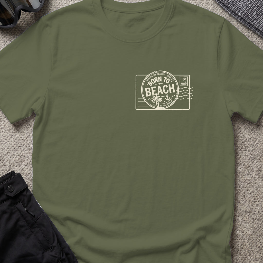 Born To Beach T-Shirt in Military Green, front view.