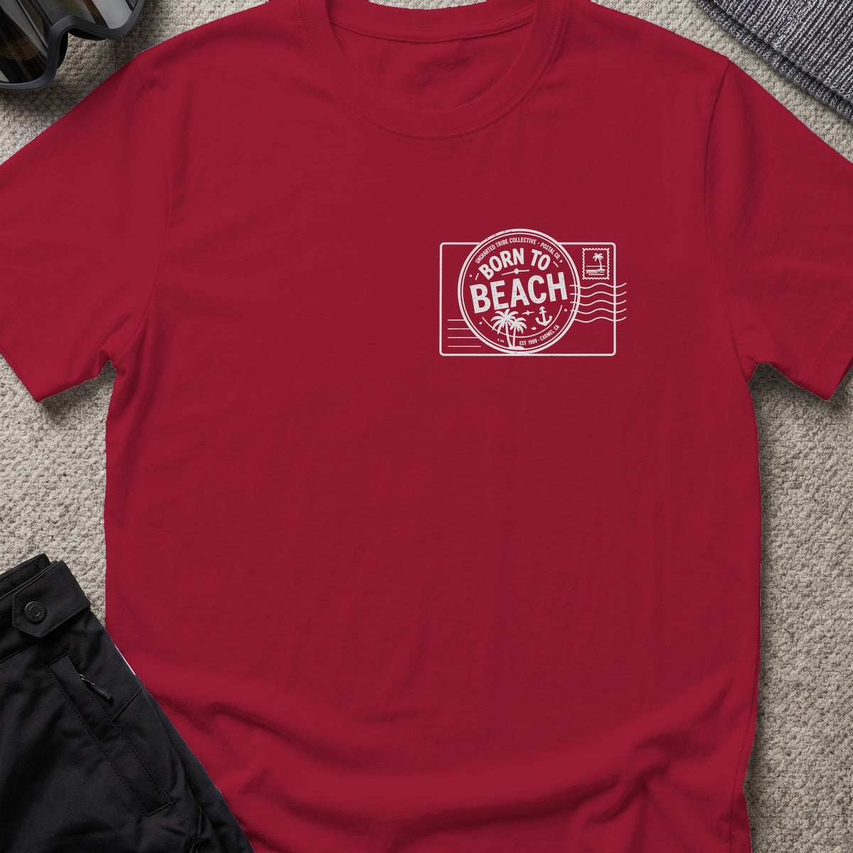 Born To Beach T-Shirt in Cardinal Red, front view.