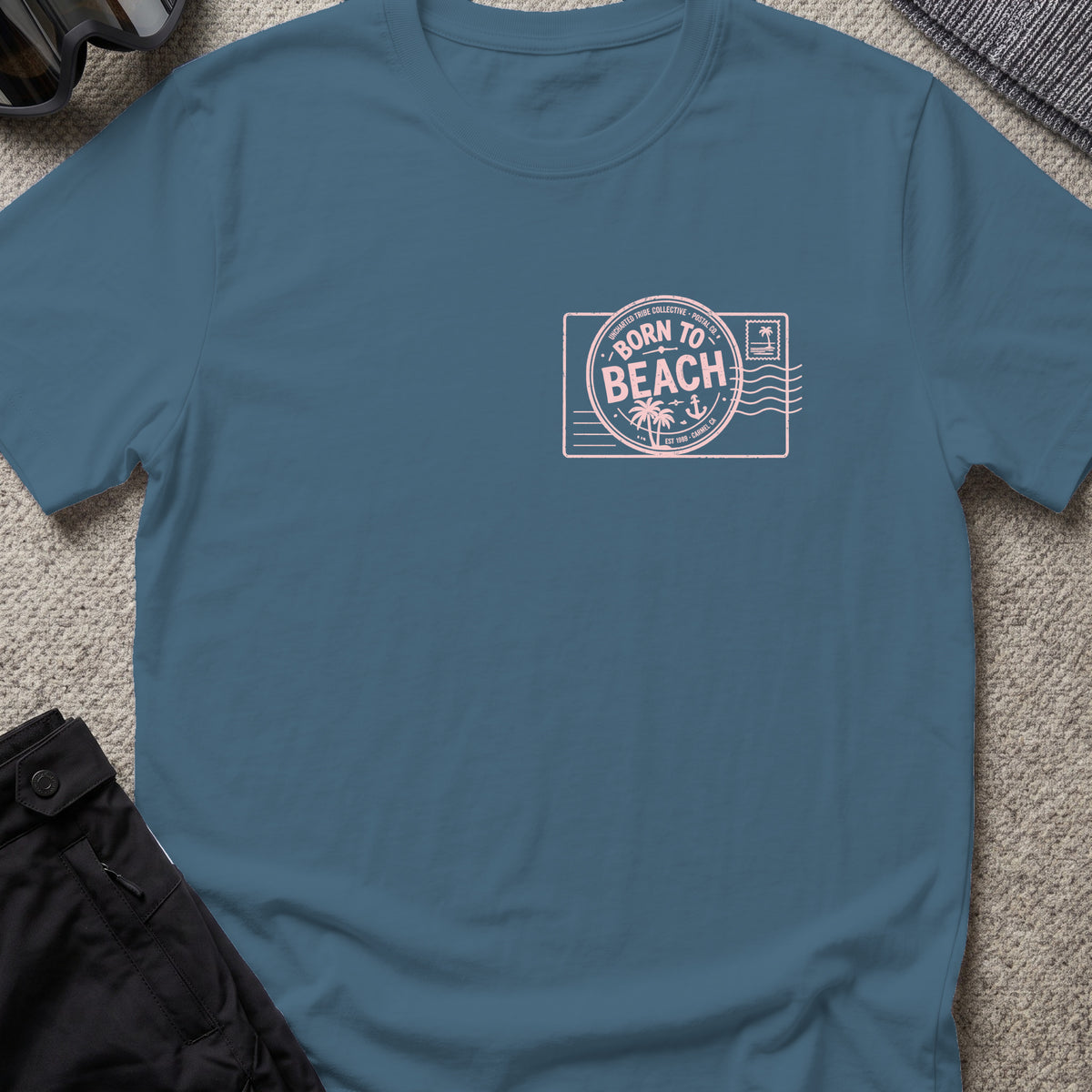 Born To Beach T-Shirt in Indigo Blue, front view.